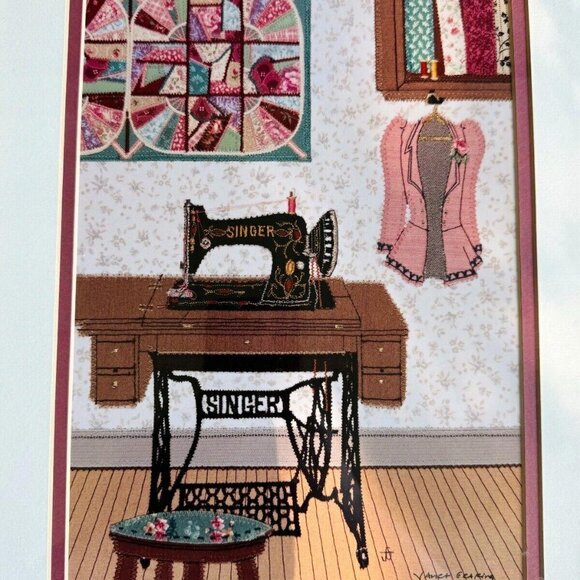 Janet Gearing Treasured Pieces Singer Sewing Machine Art Print Signed Applique - Picture 3 of 7
